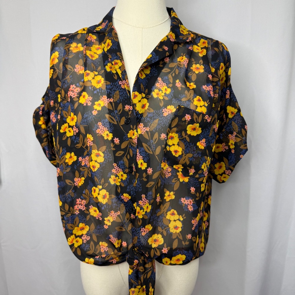 Mimi Chica Sheer Floral Tie Front Button Down Shirt Short Sleeve Navy Yellow M